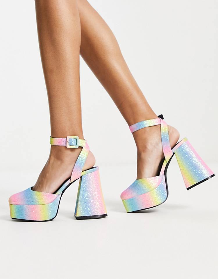 Daisy Street platform flared heeled shoes in rainbow glitter